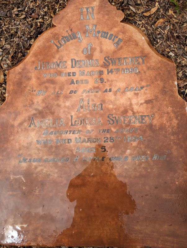 jerome dennis sweeney died march 14th 1890 aged 29 also amelia louisa sweeney daughter who died march 28th 1894 aged 5