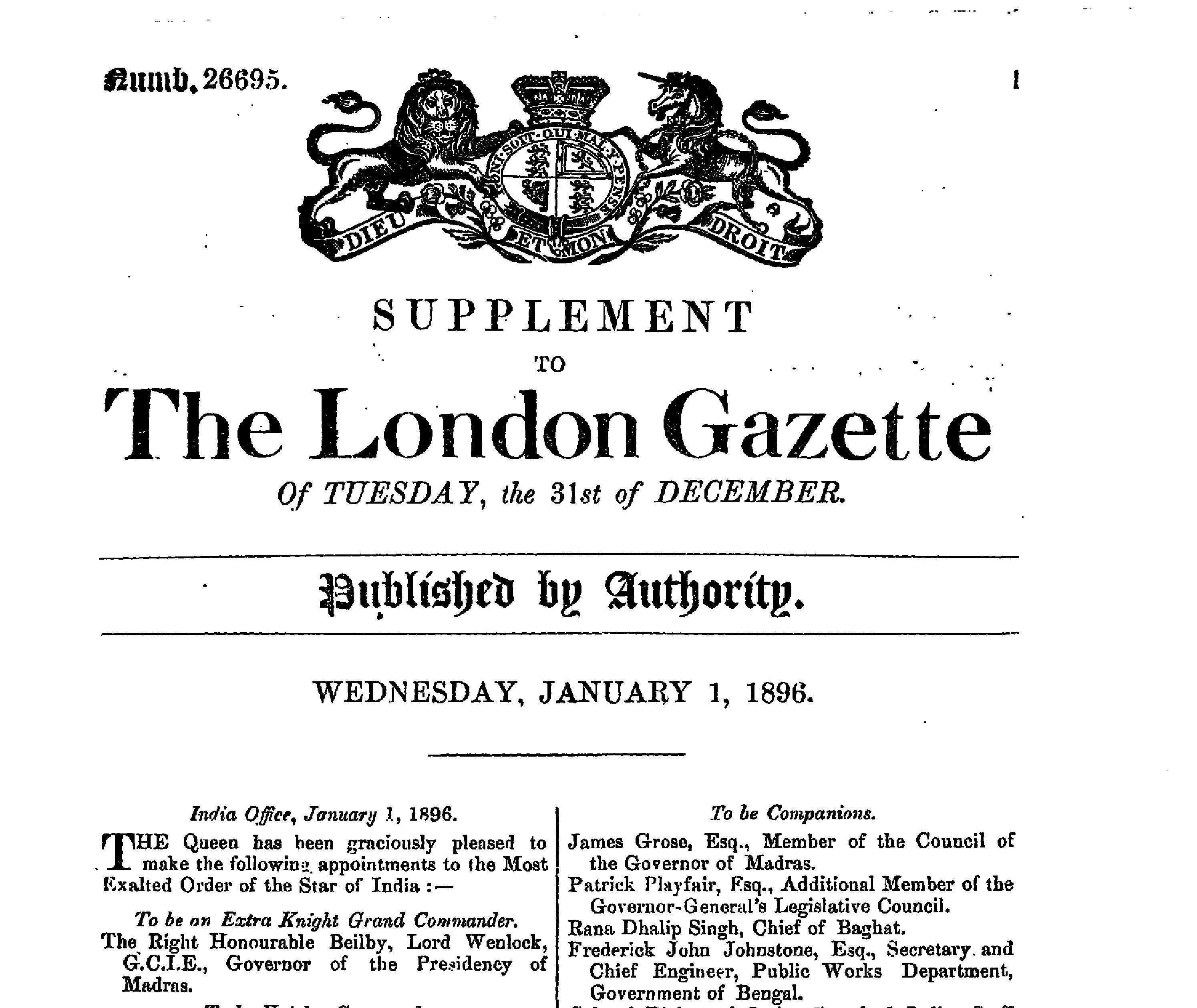 The 1st of January 1896 London Gazette