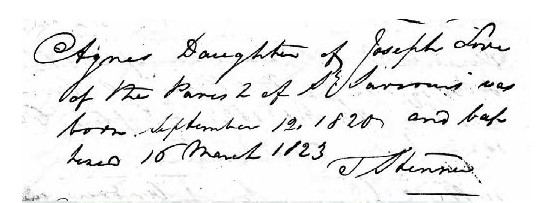 love agnes 1820 birth and baptism 1