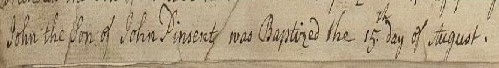 John Pinsent baptism on the 15th of August 1799 at Bovey Tracey, Devon