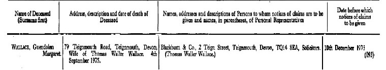 wallace tw 1975 4th sept death wife 1